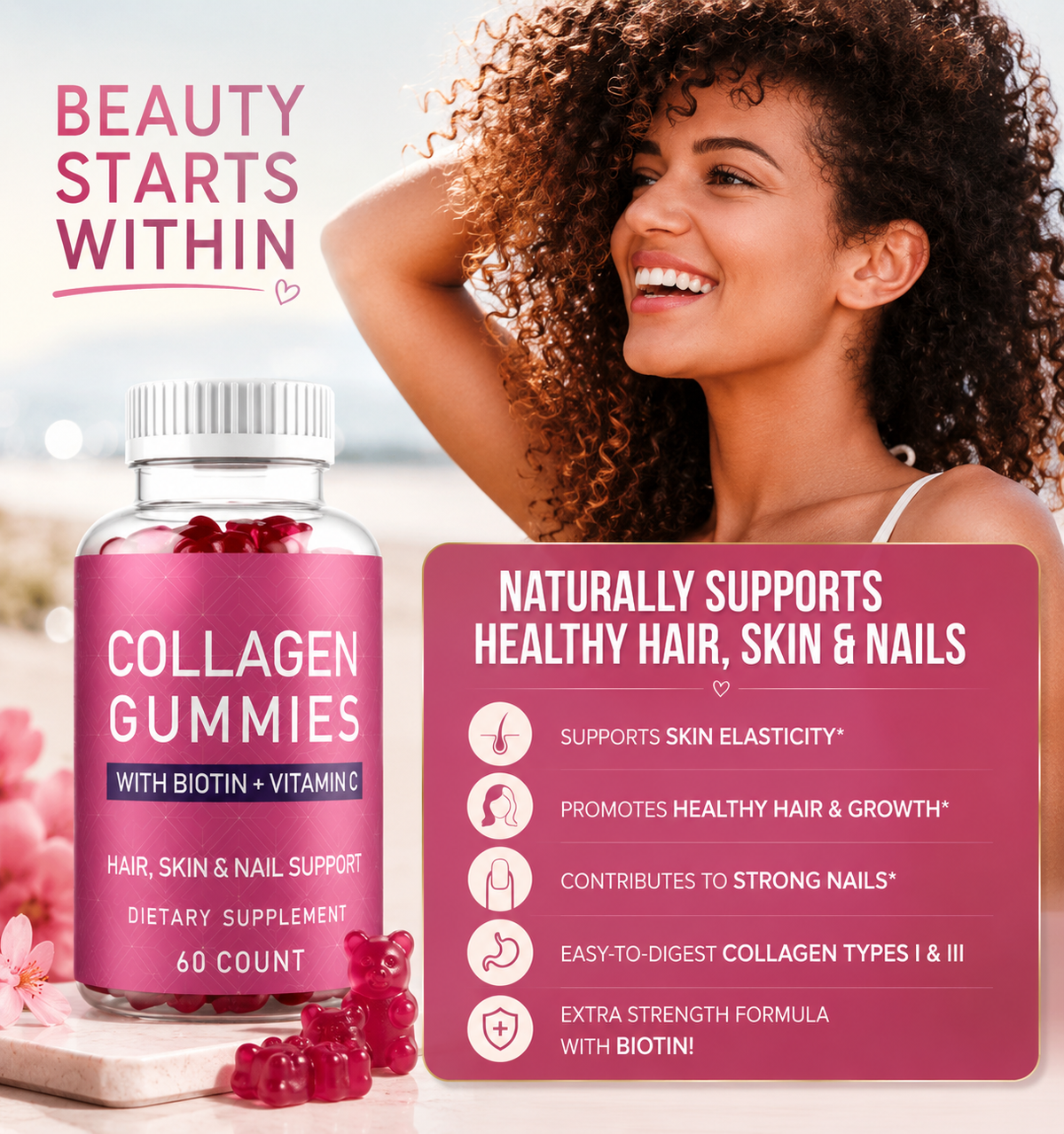 Soralia Collagen Gummies Biotin + Vitamin C | Hair, Skin & Nails | 60 Count.